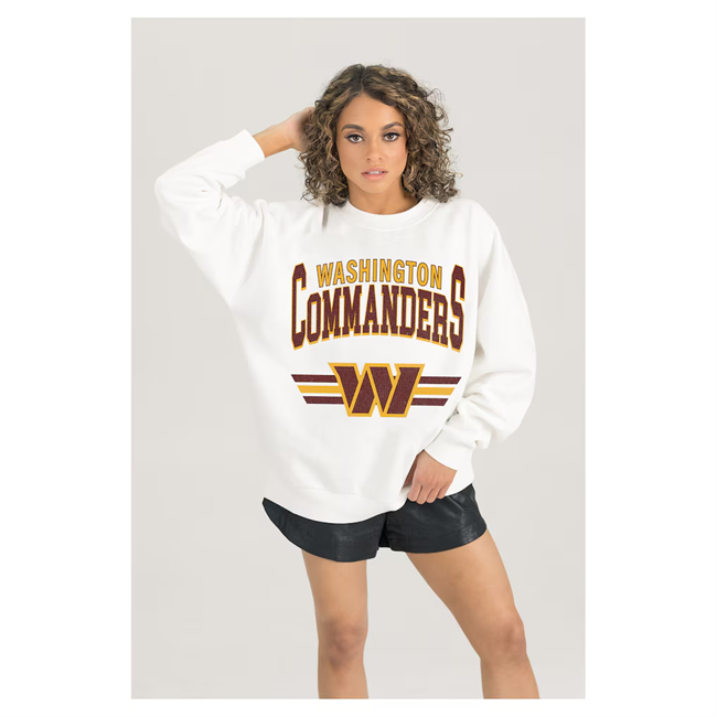Women's White Washington Commanders Gameday Couture Sunday Drives Oversized Crewneck Pullover Sweatshirt(Run Small)